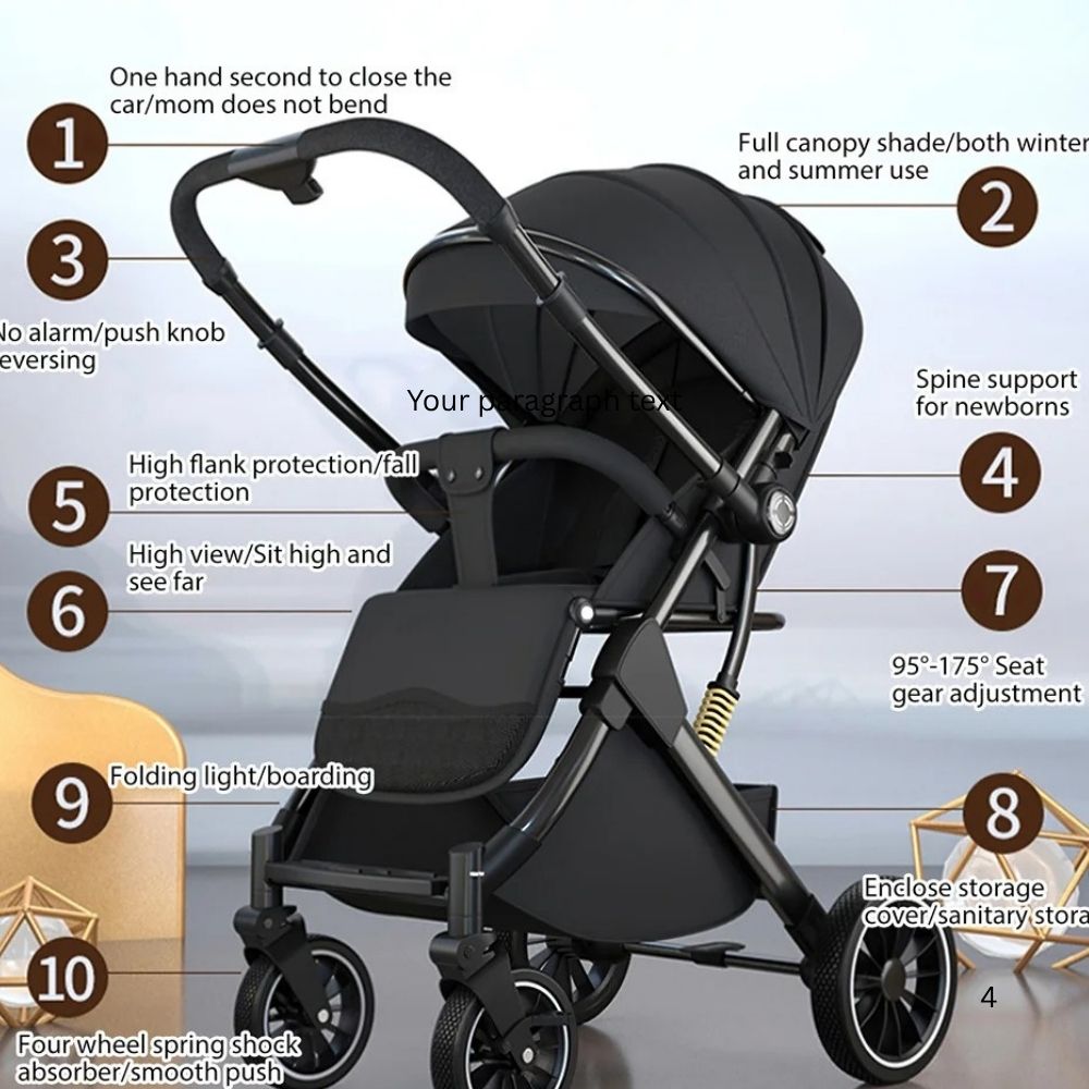 Détails poussette ergonomique – roues tout-terrain et système de sécurité