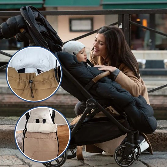 Maman souriante avec son bébé installé dans une chancelière pour poussette douce et élégante.