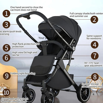 Détails poussette ergonomique – roues tout-terrain et système de sécurité