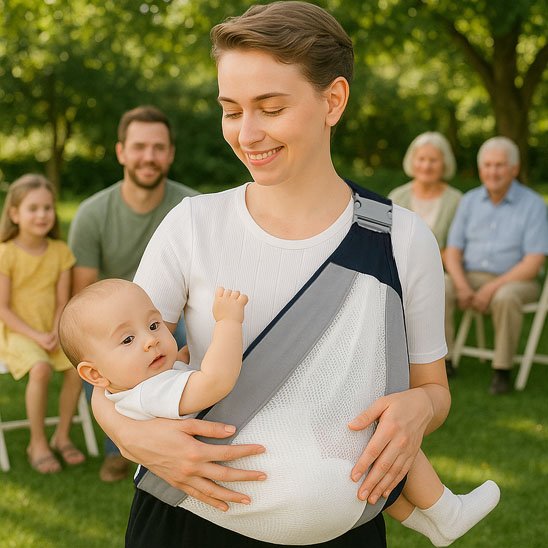 Écharpe de portage ergonomique pour bébé, idéale pour les sorties en plein air.
