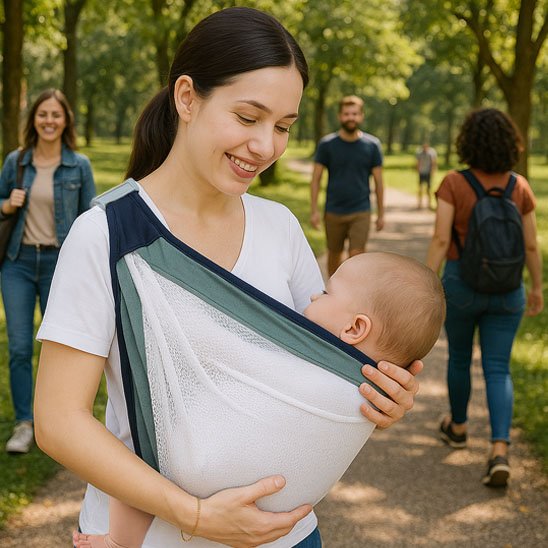 Maman promenant son bébé dans une écharpe de portage douce et respirante au parc.