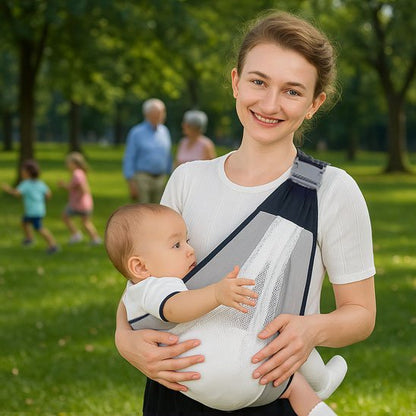 Maman portant son bébé avec une écharpe de portage à la maison assurée.