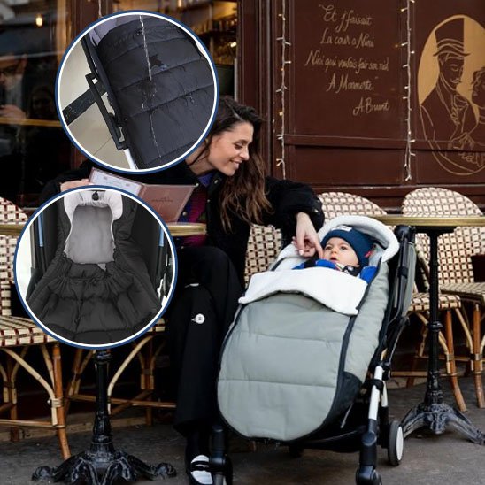 Maman prenant un café avec son bébé bien au chaud dans une chancelière pour poussette verte.