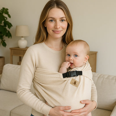 Écharpe de portage physiologique beige avec bébé nouveau-né contre maman.