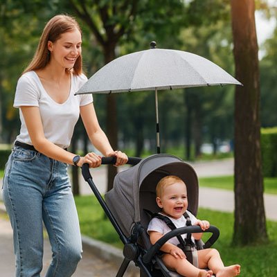 Maman promenant son bébé dans un parc sous une ombrelle pour poussette, branche, protection contre le soleil.