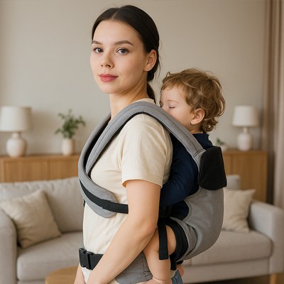 Maman portant son enfant sur le dos avec un porte-bébé, physiologique gris, ergonomique et idéal pour les longues promenades.