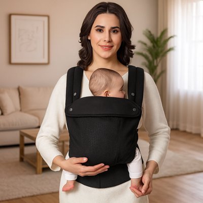 Porte-bébé ergonomique noir avec maman et bébé à la maison, position naturelle et sécurité garantie.