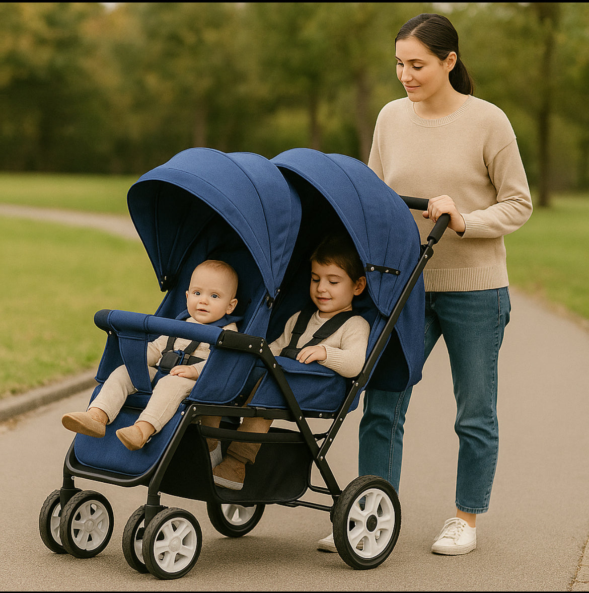 Maman poussant une poussette canne double bleue avec deux bébés assis confortablement dans un parc.