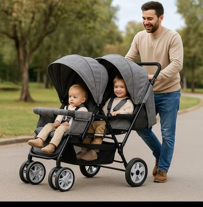 Une poussette canne double grise avec deux bébés installés dans un parc