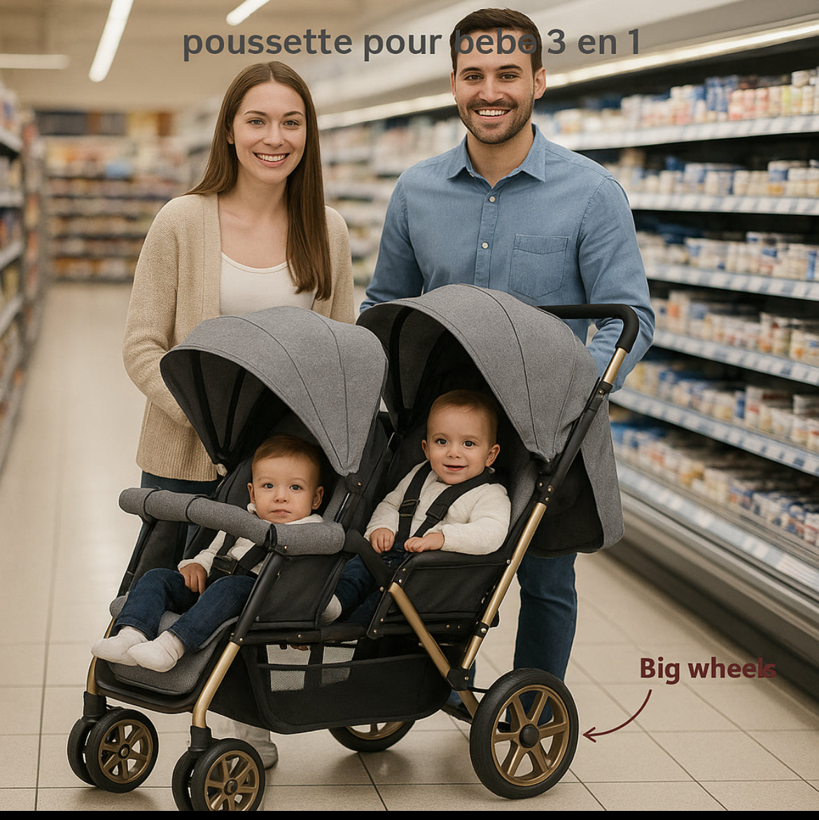 Papa et maman au supermarché avec une poussette canne double grise et leurs deux bébés. 