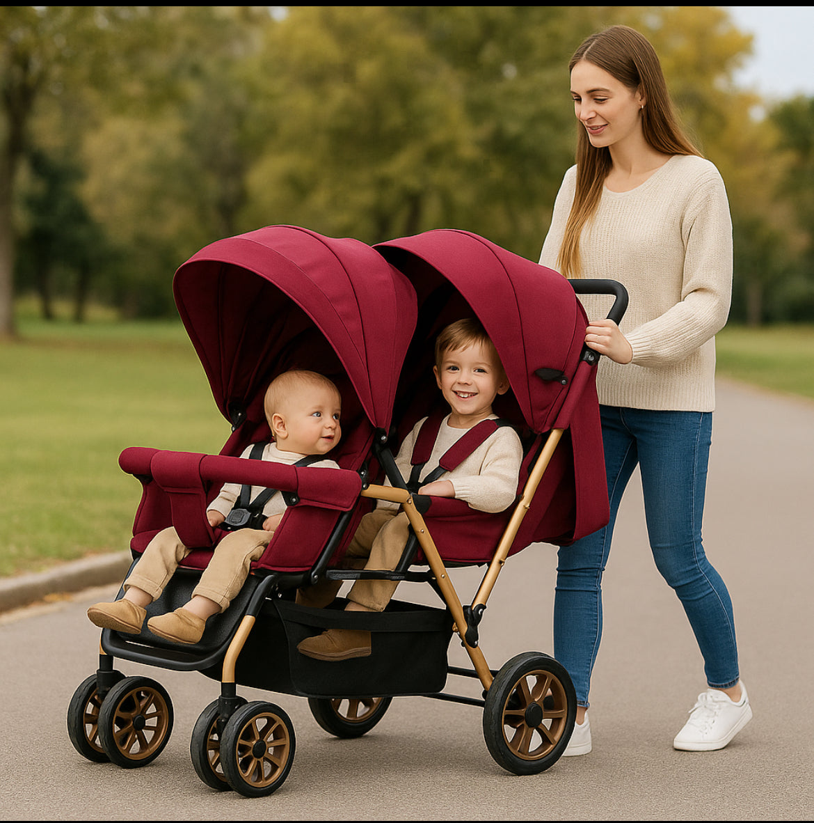 Maman promenant ses enfants dans une poussette canne double rouge au parc
