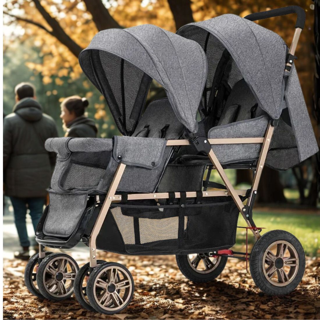 Poussette double canne grise pour jumeaux, design moderne et pliable