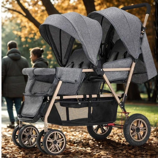 Poussette double canne grise pour jumeaux, design moderne et pliable