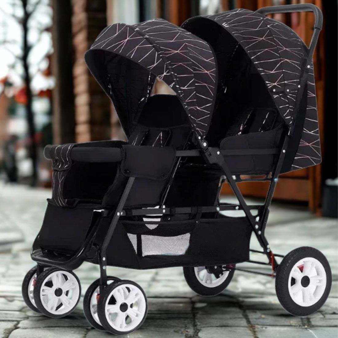 Poussette double canne motif géométrique-idéale pour promenades urbaines