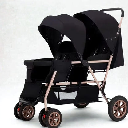 Poussette double canne noire-pour deux bébés, structure légère