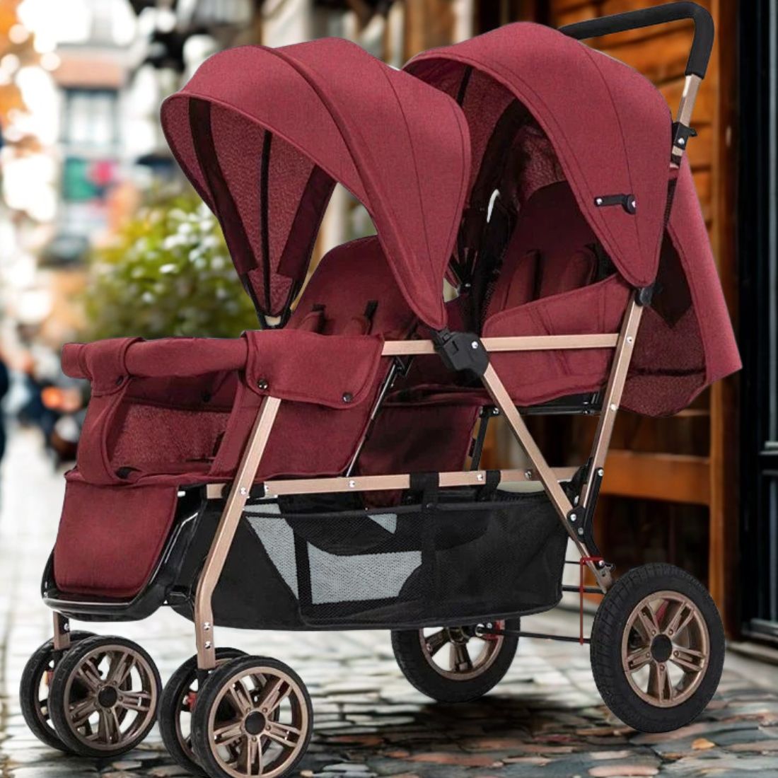 Poussette double canne rouge bordeaux-siège avant et arrière réglables