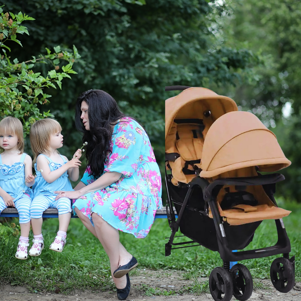 Maman avec ses enfants et une poussette double kaki lors d'une sortie au parc.