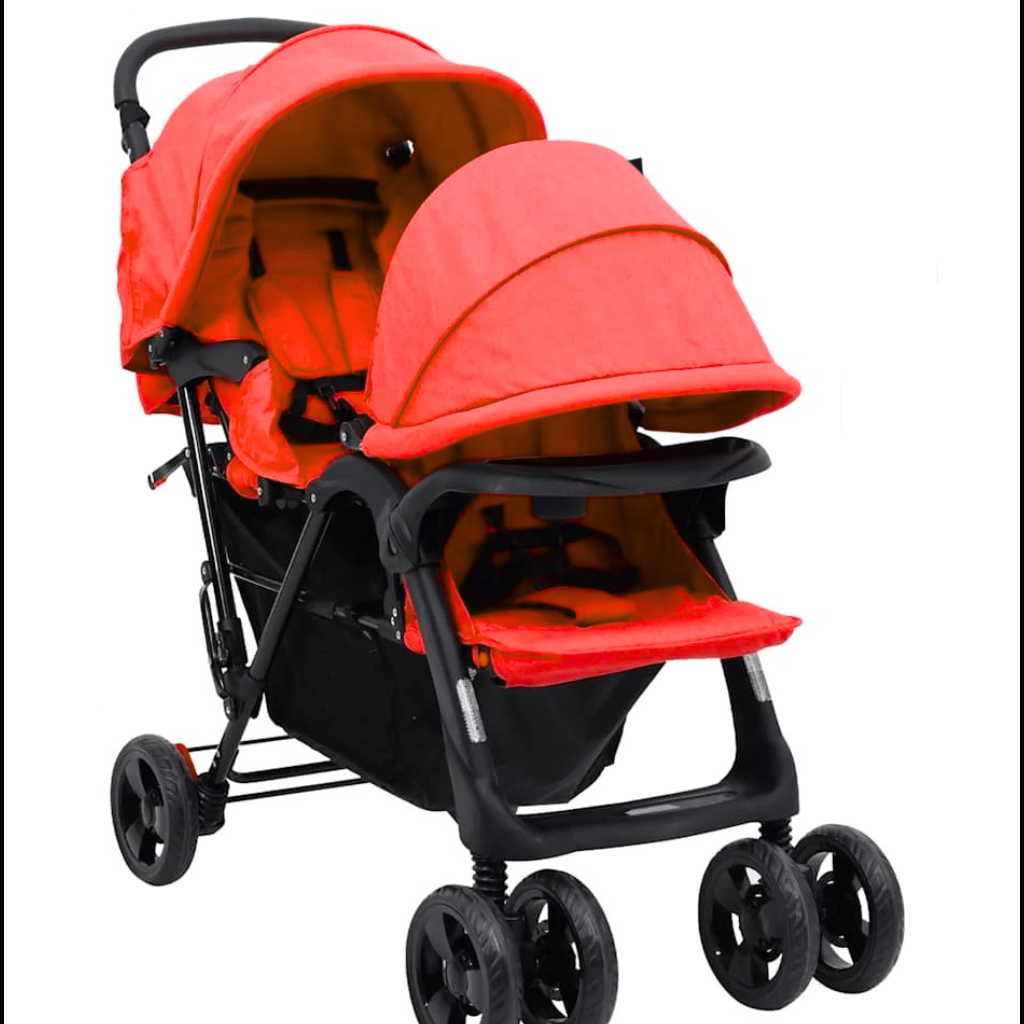 Poussette double rouge moderne, confortable et pliable pour promenade avec deux bébés.