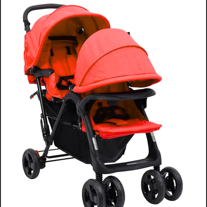 Poussette double rouge moderne, confortable et pliable pour promenade avec deux bébés.