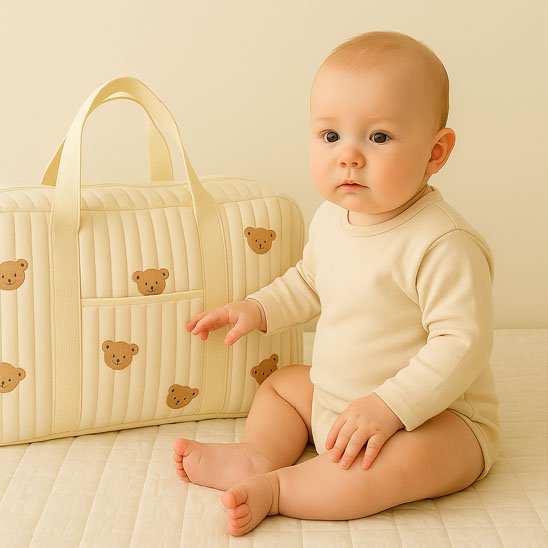 Bébé assis à côté d'un sac à langer crème avec motifs