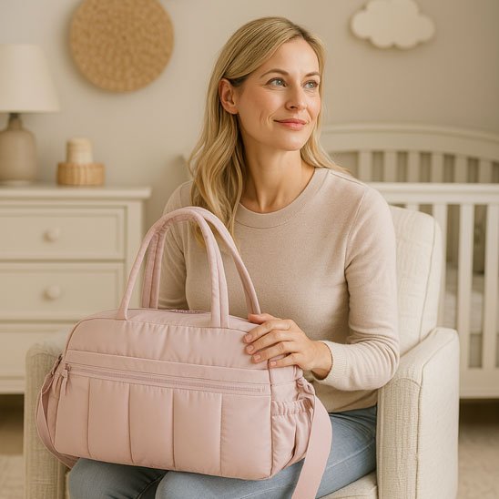 Sac à langer rose élégant pose sur un lit avec maman en arrière-plan 