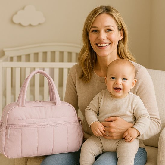 Maman portant un sac à langer rose avec bébé assis à côté