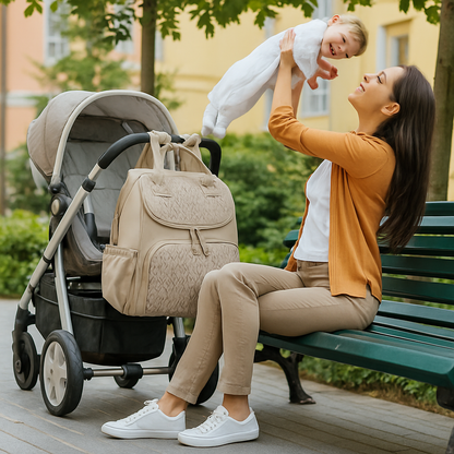 Maman joue avec son bébé dans le parc, son sac à langer, sac à dos, attache sur une poussette