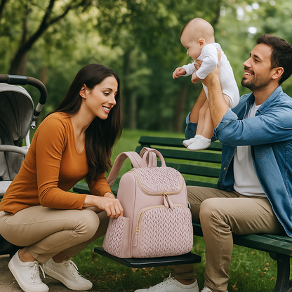 Maman et papa au parc avec leur bébé et un sac à langer rose porté en sac à dos 