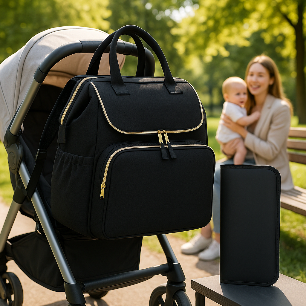 Maman et son bébé dans le parc, sac à langer, sac à dos multifonction fixe sur une poussette