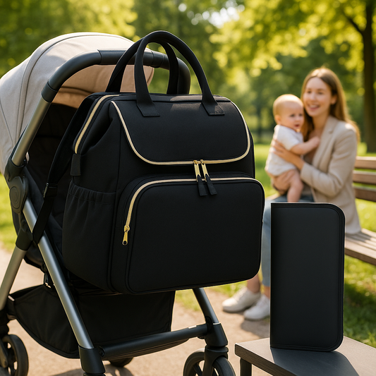 Maman et son bébé dans le parc, sac à langer, sac à dos multifonction fixe sur une poussette