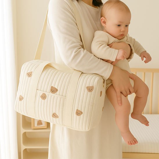 Maman tenant son bébé avec un sac à langer crème à motifs